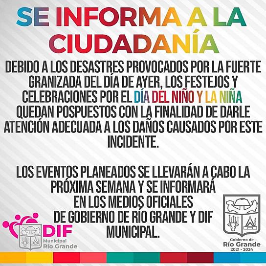CANCELAN CELEBRACIÓN DEL DÍA DEL NIÑO Y LA NIÑA EN RÍO GRANDE