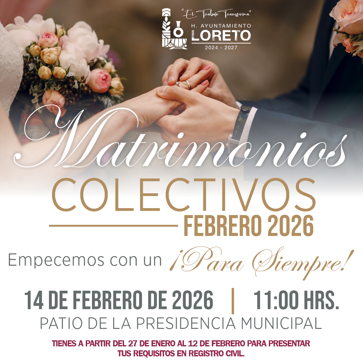 INVITAN A PAREJAS DE LORETO A FORMALIZAR SU UNIÓN EN MATRIMONIOS COLECTIVOS 2026