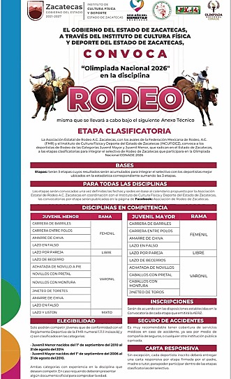 CONVOCA ZACATECAS A TALENTO JUVENIL PARA LA OLIMPIADA NACIONAL 2026 EN RODEO