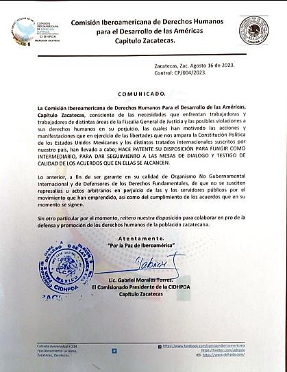 CIDHPDA, A FAVOR DE LA SOLUCIÓN PACÍFICA DE PROTESTA DE TRABAJADORES DE LA FGJEZ 