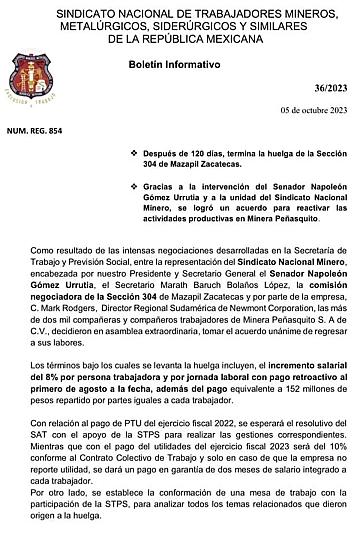 CONCLUYE HUELGA MINERA, TRAS 120 DÍAS DE PARO DE ACTIVIDADES EN MINA PEÑASQUITO 