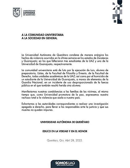 CONDENA UNIVERSIDAD AUTÓNOMA DE QUERÉTARO ASESINATO DE ESTUDIANTES DE LA UAZ