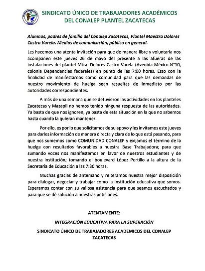 CONVOCA A HUELGA SINDICATO ÚNICO DE TRABAJADORES ACADÉMICOS DEL CONALEP