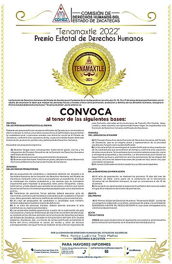 CONVOCA CDHEZ A PARTICIPAR EN EL PREMIO “TENAMAXTLE 2022”