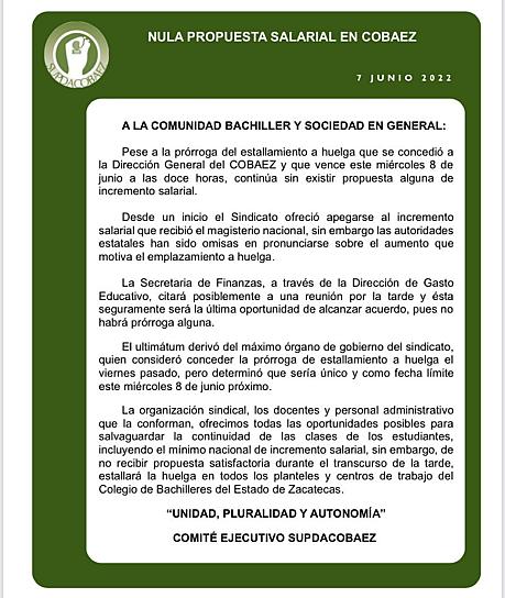 DA ULTIMÁTUM SUPDACOBAEZ; DE NO NEGOCIAR, ESTE MIÉRCOLES ESTALLARÍA A HUELGA 