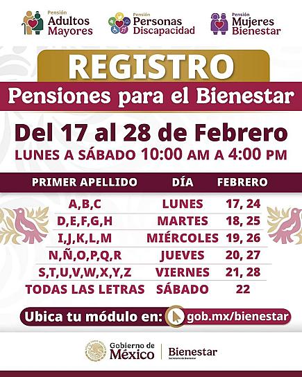 Del 17 al 28 de febrero, registro a las Pensiones para el Bienestar 