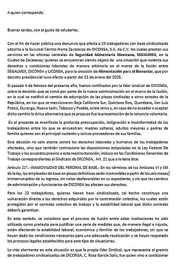 Denuncian abuso laboral contra empleados de Diconsa 