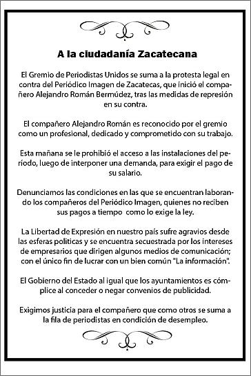 DENUNCIAN ADEUDOS SALARIALES EN MEDIO ZACATECANO