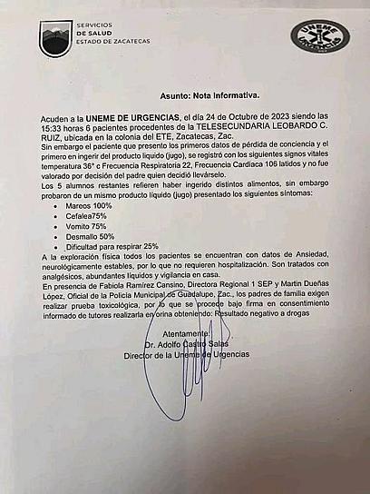 DESCARTAN INTOXICACIÓN POR DROGAS EN ALUMNOS INGRESADOS DE URGENCIAS 