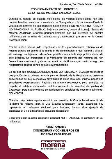 DESCONOCE MORENA ZACATECAS DESIGNACIÓN DE SOLEDAD LUÉVANO COMO CANDIDATA 