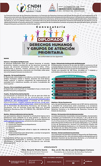 CONVOCAN CNDH Y CDHEZ AL DIPLOMADO 'DERECHOS HUMANOS Y GRUPOS DE ATENCIÓN PRIORITARIA'