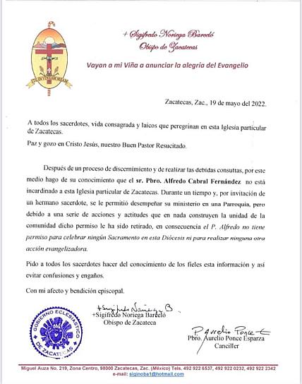 EL PADRE ALFREDO CABRAL FERNÁNDEZ NO ESTÁ AUTORIZADO PARA CELEBRAR MISA: DIÓCESIS DE ZACATECAS