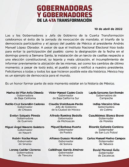 EL PUEBLO VOTÓ Y RATIFICÓ A NUESTRO PRESIDENTE: GOBERNADORES DE MORENA