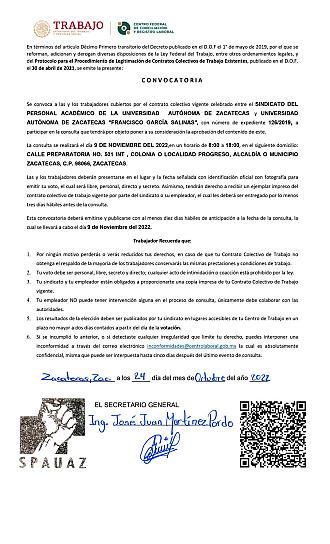 EMITEN CONVOCATORIA PARA CONSULTA DE LEGITIMACIÓN DE CCT DEL SPAUAZ