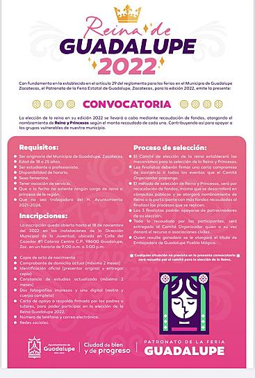 EMITEN CONVOCATORIA PARA ELEGIR REINA DE LA FERIA DE GUADALUPE 2022