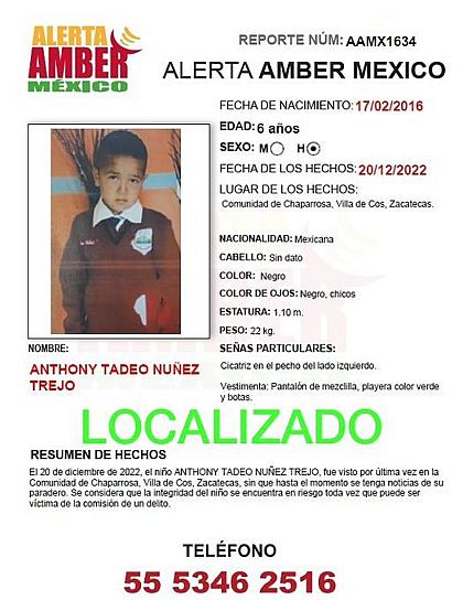 ENCUENTRAN A TADEO; NIÑO DESAPARECIDO EN ZACATECAS
