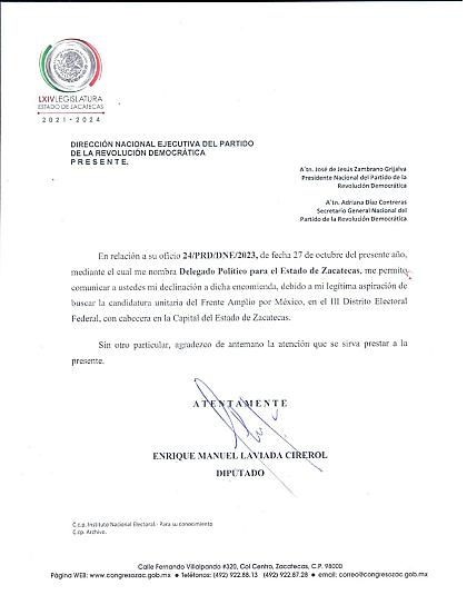 ENRIQUE LAVIADA DECLINA AL CARGO DE DELEGADO POLÍTICO DEL PRD