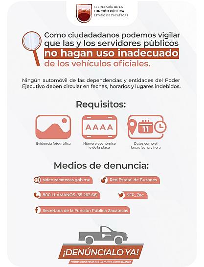 EXHORTA GOBIERNO DE ZACATECAS A REPORTAR MAL USO DE VEHÍCULOS OFICIALES DURANTE EL PERIODO VACACIONAL