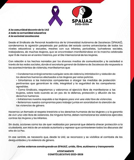 EXHORTA SPAUAZ A AUTORIDADES A PROTEGER A VÍCTIMAS DE REPRESIÓN