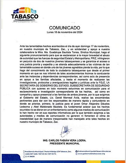 EXIGE ALCALDE DE TABASCO INVESTIGAR MUERTE Y DETENCIÓN DE JÓVENES