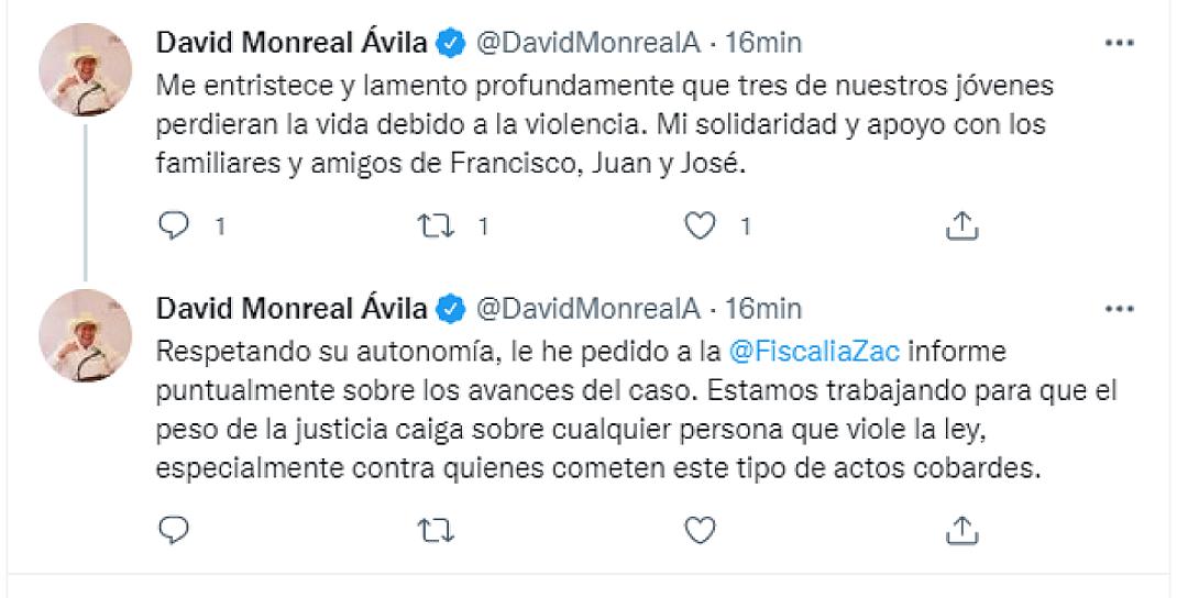 EXIGE DAVID MONREAL A LA FGJEZ AVANCE DE INVESTIGACIÓN EN CASO DE ALUMNOS ASESINADOS 