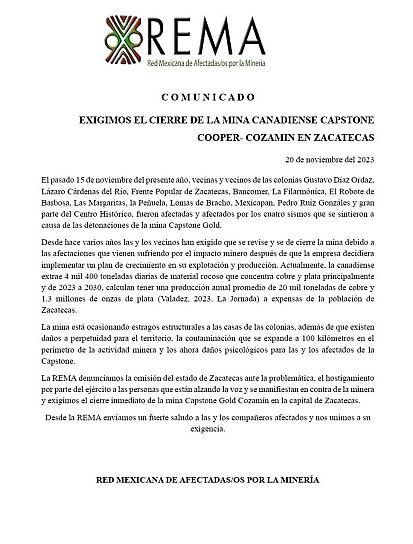 EXIGEN CIERRE DE LA MINA CAPSTONE COOPER-COZAMÍN DE ZACATECAS 