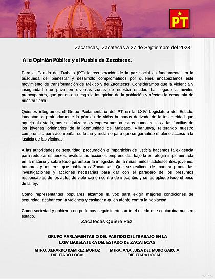 EXIGE PT A AUTORIDADES REDOBLAR ESFUERZOS EN EL COMBATE A LA INSEGURIDAD, TRAS MUERTE DE JÓVENES DESAPARECIDOS 
