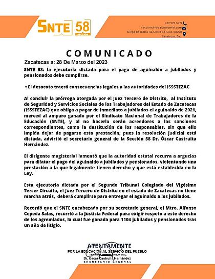 EXIGE SECCIÓN 58 DEL SNTE AL ISSSTEZAC ACATAR DETERMINACIÓN JUDICIAL Y PAGAR AGUINALDO A JUBILADOS 