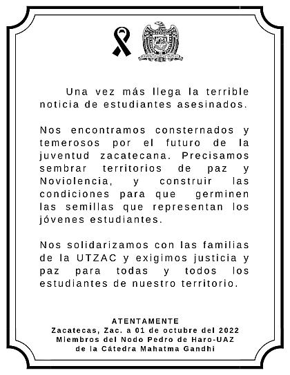 EXIGE UAZ JUSTICIA Y PAZ PARA TODOS LOS ESTUDIANTES ZACATECANOS 