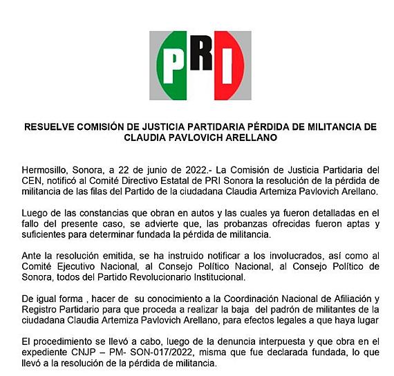 EXPULSAN A CLAUDIA PAVLOVICH DEL PRI 