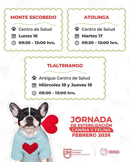 OFRECE SECRETARÍA DE SALUD DE ZACATECAS  ESTERILIZACIONES GRATUITAS EN MONTE ESCOBEDO, ATOLINGA Y TLALTENANGO