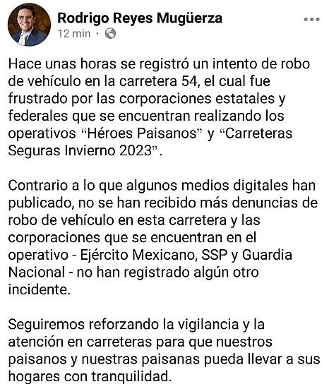FRUSTRAN FUERZAS DE SEGURIDAD ROBO SOBRE LA CARRETERA FEDERAL 54 