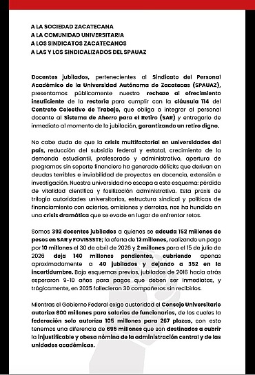 EXIGE SPAUAZ CUMPLIMIENTO DE DERECHOS ANTE POSIBLE HUELGA