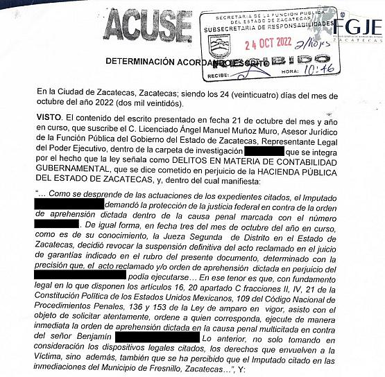 IMPOSIBILITADA, FGJEZ PARA ATENDER TEMA CONTRA BENJAMÍN “N”