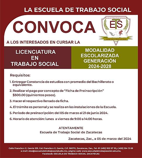 INICIA PREINSCRIPCIÓN PARA LA GENERACIÓN 2024-2028 DE LA ETSZ  &nbsp;