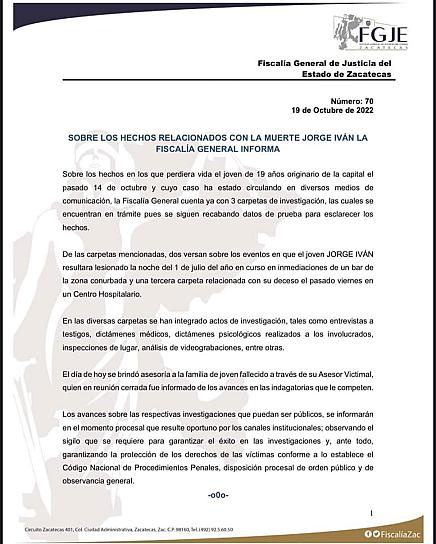 INVESTIGA FGJEZ MUERTE DEL UNIVERSITARIO JORGE IVÁN