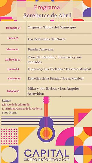 INVITA AYUNTAMIENTO CAPITALINO A SERENATAS DE ABRIL EN LA ALAMEDA