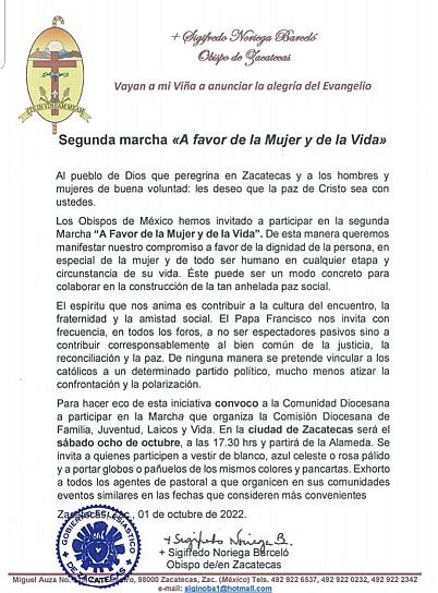 INVITA DIÓCESIS DE ZACATECAS A MARCHA A FAVOR DE LA VIDA