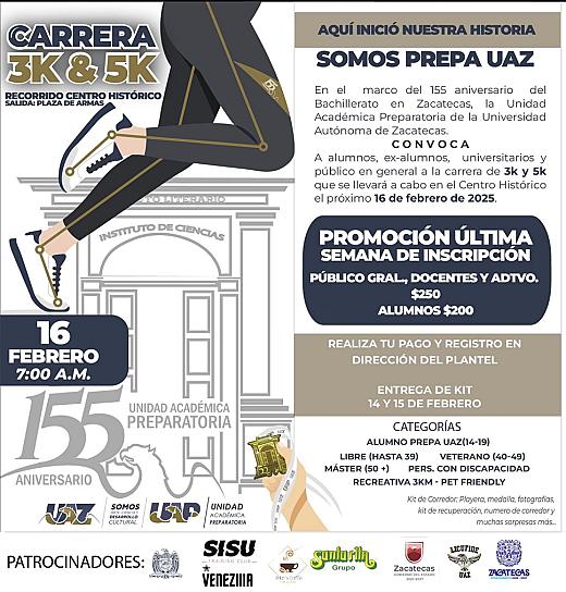 Invitan a la carrera “Aquí Inició Nuestra Historia, Somos Prepa UAZ”.