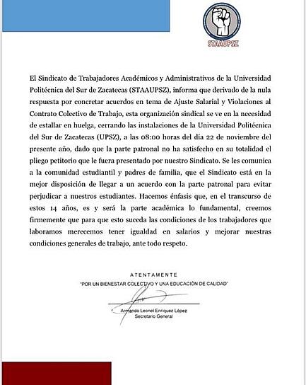 ANUNCIA SINDICATO DE LA UPSZ ESTALLAMIENTO DE HUELGA EL PRÓXIMO 22 DE NOVIEMBRE 