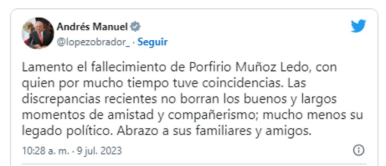 LAMENTA LÓPEZ OBRADOR MUERTE DE PORFIRIO MUÑOZ 
