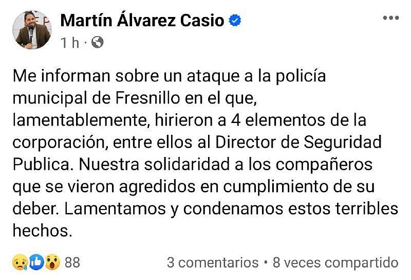 LAMENTA MARTÍN ÁLVAREZ CASIO ASESINATO DEL DIRECTOR DE SEGURIDAD PÚBLICA DE FRESNILLO