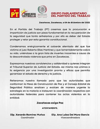 LAMENTA PT MUERTE DEL JUEZ ROBERTO ELÍAS MARTÍNEZ 