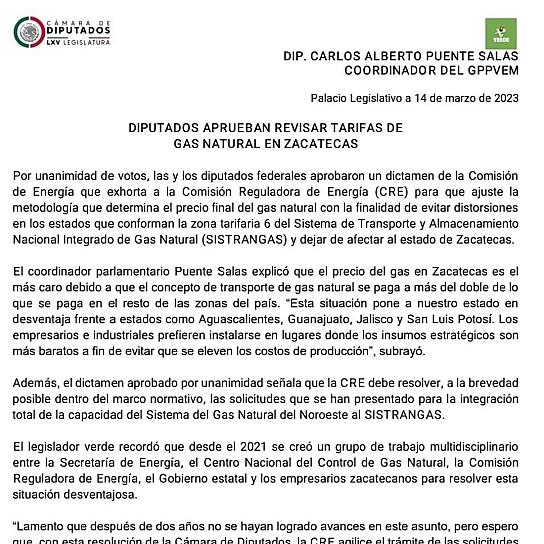 LEGISLADORES FEDERALES REVISARÁN TARIFAS DEL GAS NATURAL EN ZACATECAS 