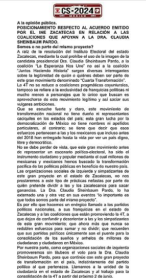 LLAMAN A LA UNIDAD EN EL MOVIMIENTO DE LA 4T