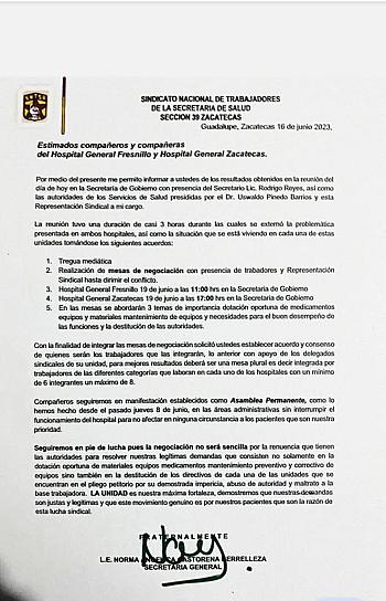 LOGRAN ACUERDOS SINDICATO DE SALUD Y AUTORIDADES POR FALTA DE INSUMOS EN HOSPITALES