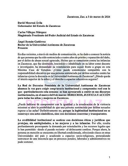 EXIGE RED DE DOCENTES FEMINISTA IMPEDIR EL REGRESO DE RUBÉN IBARRA REYES A LA UAZ