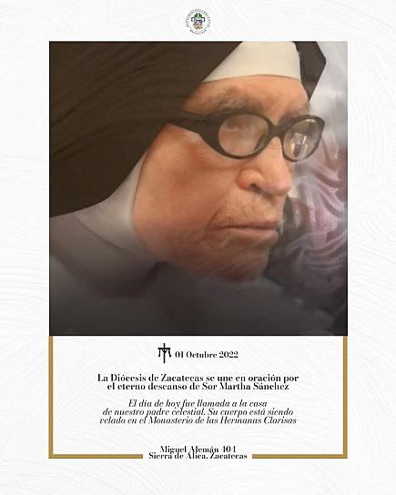 MUERE SOR MARÍA MARTHA SÁNCHEZ DELGADO, LA DIÓCESIS LA DESPEDIRÁ ESTE DOMINGO 