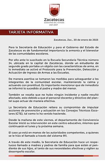NADIE RESULTÓ HERIDO, LUEGO DE QUE UN ALUMNO DE SECUNDARIA FUERA DETENIDO EN LA ESCUELA POR PORTAR UN ARMA