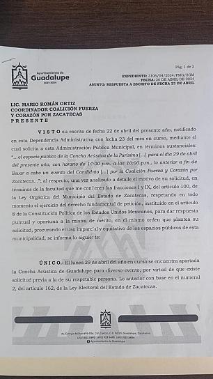 NIEGA AYUNTAMIENTO DE GUADALUPE ESPACIOS PÚBLICOS PARA EVENTOS DE ROBERTO LUÉVANO